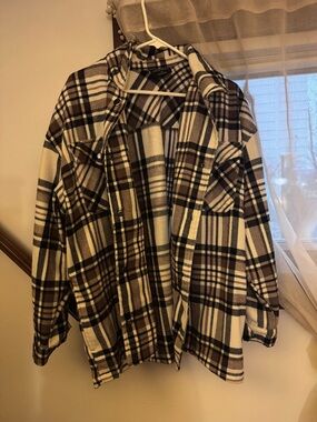 HRX Brown and White Plaid Button-Up Shirt Jacket